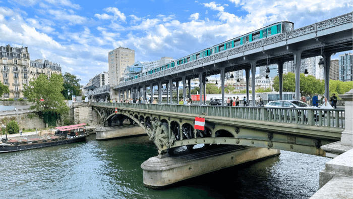 The metro passes by many iconic landmarks along the Seine River