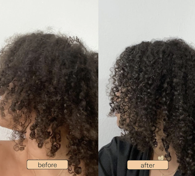 A product user shows before and after pictures of their curly hair, with the after shot revealing beautifully defined curls