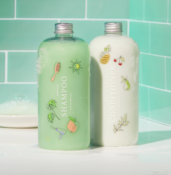 The shampoo and conditioner are packaged in green and white.