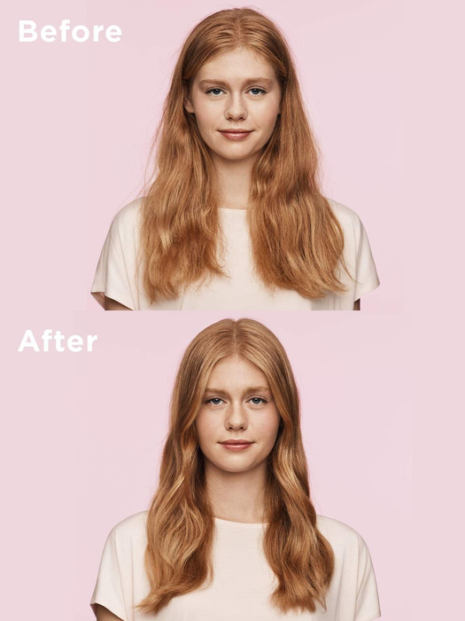 Model with frizzy, dry hair, then with smooth, styled hair after using the conditioning mask