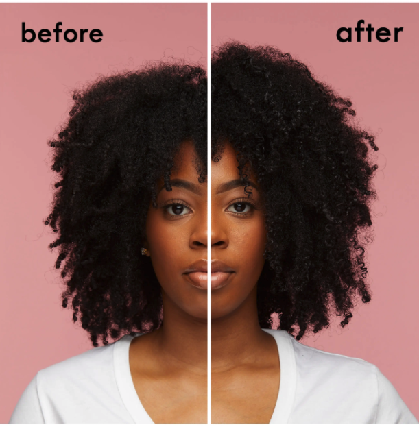 A model's before-and-after transformation, showcasing their hair looking fuller, more defined, and deeply moisturized after using the product.