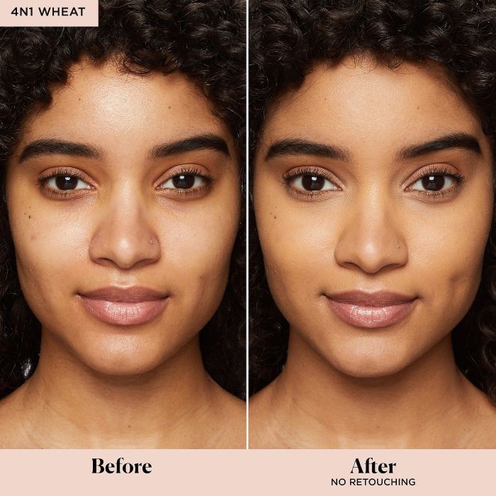 a model showing before and after results with the tinted moisturizer