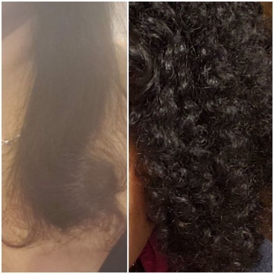 Reviewer's before-and-after comparison of straightened, frizzy hair transforming into healthy, tight curls