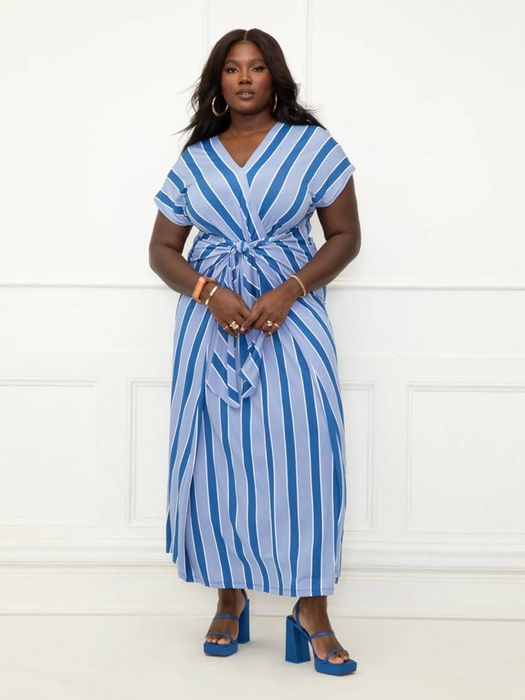 Model showcasing the Carolina stripe blue dress