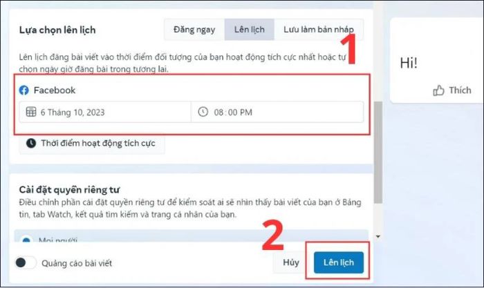 Nhập nội dung, chọn thời gian đăng bài và nhấn Lên lịch