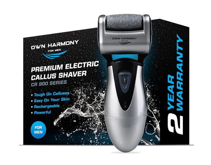 The Own Harmony CR 900 Series Premium Electric Callus Shaver for men is shown alongside its packaging, emphasizing features such as a 2-year warranty and its skin-friendly design.