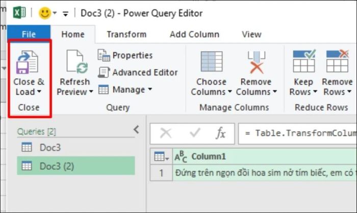 Chọn Close and Load để hoàn tất quá trình chuyển đổi từ file Word sang Excel qua định dạng Plain Text và Import