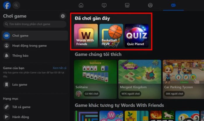 Có thể xem lại lịch sử chơi game trên Facebook không