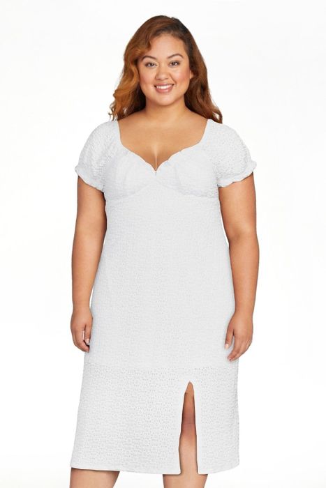 Model wearing the vivid white dress