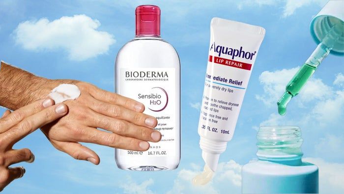 CeraVe moisturizing cream, Bioderma Sensibio micellar water, Aquaphor lip repair lip balm, and Blume Meltdown Oil.