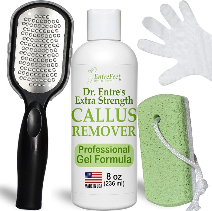 Dr. Entre's Extra Strength Callus Remover kit includes an 8 oz gel formula, a foot rasp, a pumice stone, and a white exfoliating glove for smooth feet.