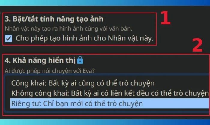 Cài đặt tính năng tạo ảnh và tùy chỉnh Khả năng hiển thị cho nhân vật.