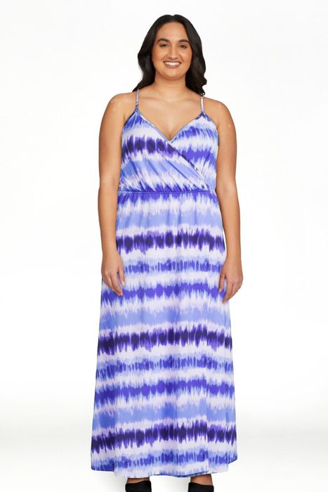 A model showcasing the striking purple dress