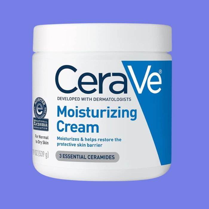 A jar of CeraVe Moisturizing Cream, labeled for normal to dry skin, developed with dermatologists, and enriched with 3 essential ceramides.