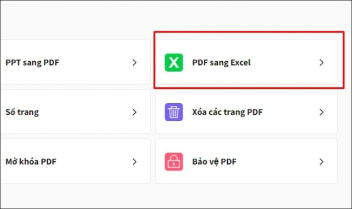 Chọn mục chuyển đổi từ PDF sang Excel ngay trên trang chủ