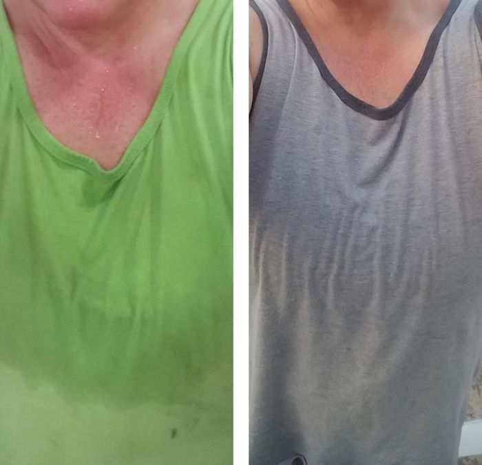 Reviewer demonstrating their sweat-soaked green shirt before using the wipes and a dry grey shirt afterward