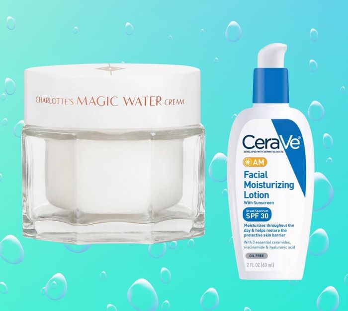 A jar of Charlotte's Magic Water Cream alongside CeraVe AM Facial Moisturizing Lotion with SPF 30, set against a backdrop of water droplets