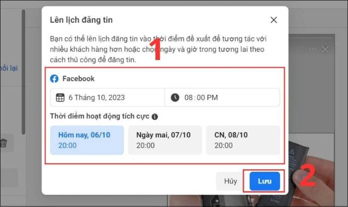 Chọn giờ và ngày đăng, sau đó nhấn nút Lưu để hoàn tất