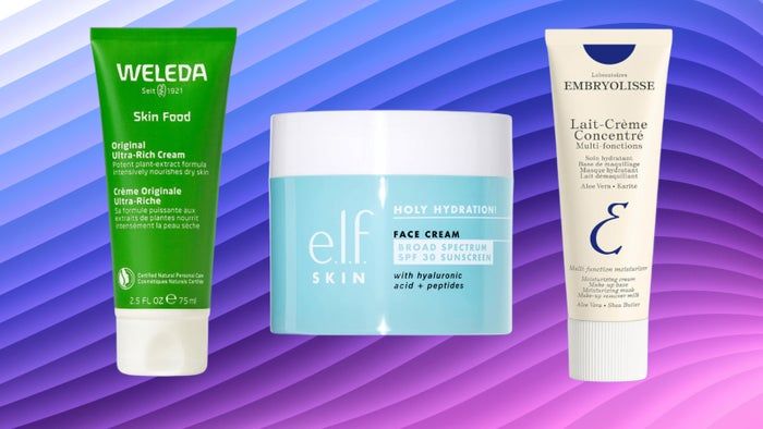 Weleda Skin Food, e.l.f. Holy Hydration! Face Cream, and Embryolisse Lait-Crème Concentré displayed on a styled background