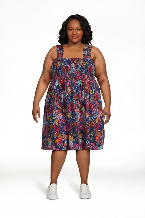 Model showcasing the brushstroke geo dark navy dress