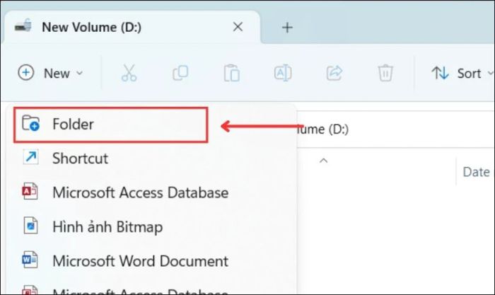 Chọn mục Folder để tạo thư mục mới