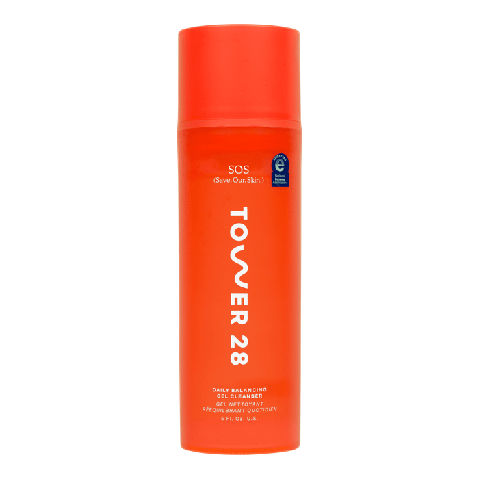 Tower 28 SOS (Save.Our.Skin) Daily Balancing Gel Cleanser, featuring an orange bottle with white text and a seal in the top right corner