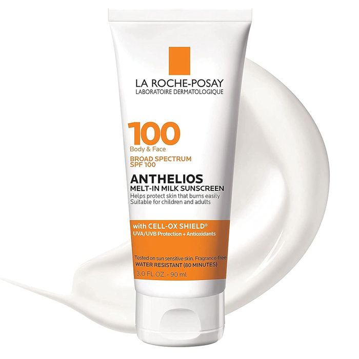 A bottle of La Roche-Posay Anthelios sunscreen next to a dollop of cream