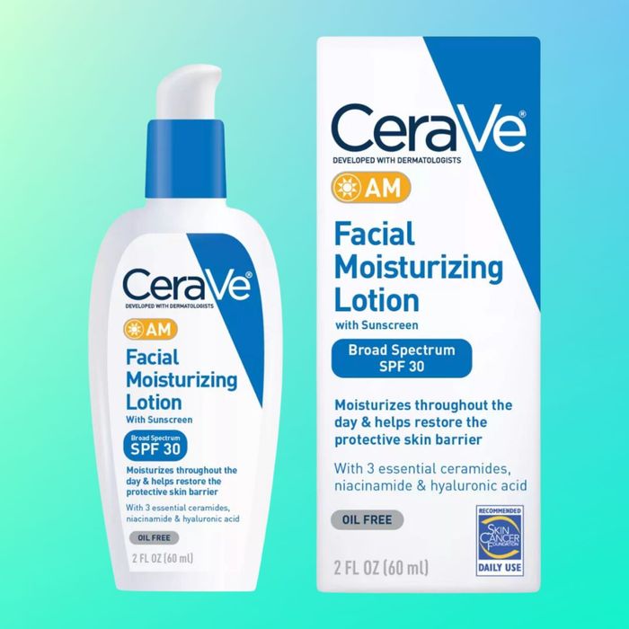CeraVe AM Facial Moisturizing Lotion with SPF 30, presented in a pump bottle and box. Enriched with ceramides, niacinamide, and hyaluronic acid. Comes in a 60 ml size.