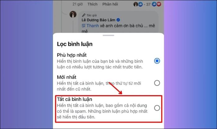 Nhấn chọn Tất cả bình luận