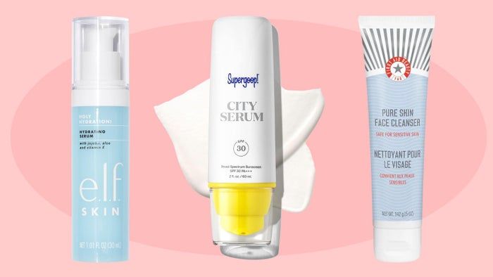 E.L.F.'s hydrating serum, Supergoop City Serum, and First Aid Beauty's Pure Skin cleanser are key players in my rosacea skincare routine.