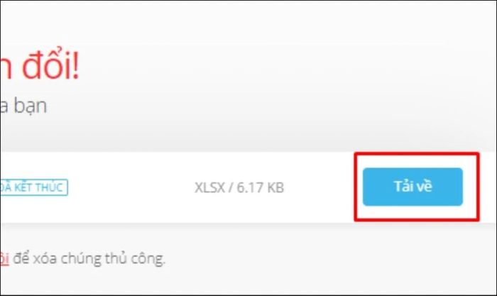 Nhấn vào tùy chọn tải về để tải file Excel đã được chuyển từ Word về máy.