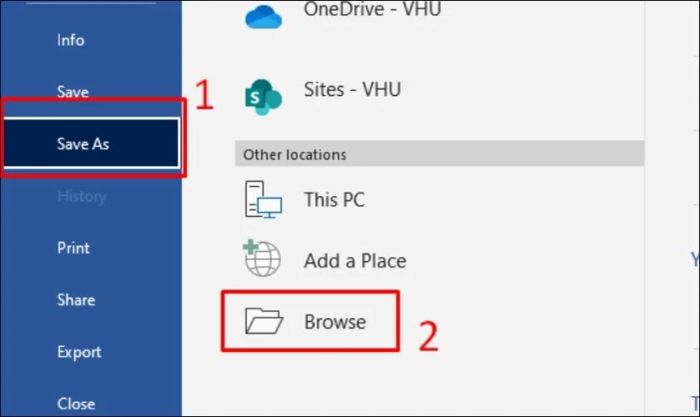 Chọn mục Save As và nhấn vào mục Browse 
