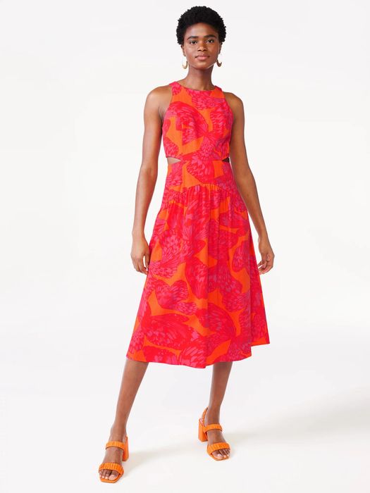 Model showcasing the orange red butterfly wing dress