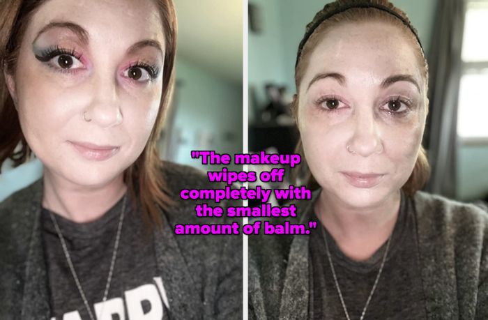 A reviewer showing a full face of makeup before and after using the balm, with most of the makeup removed