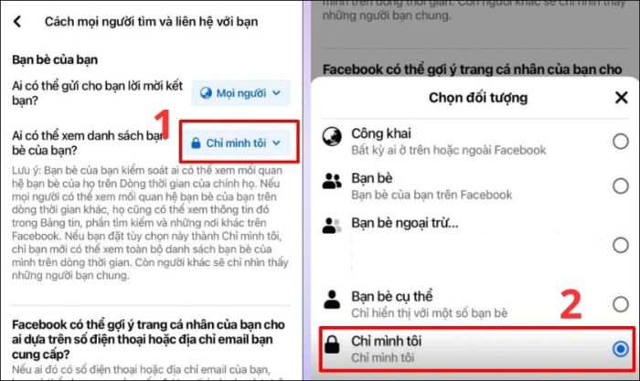 Chọn Đối tượng trong mục Ai có thể xem danh sách bạn bè của bạn