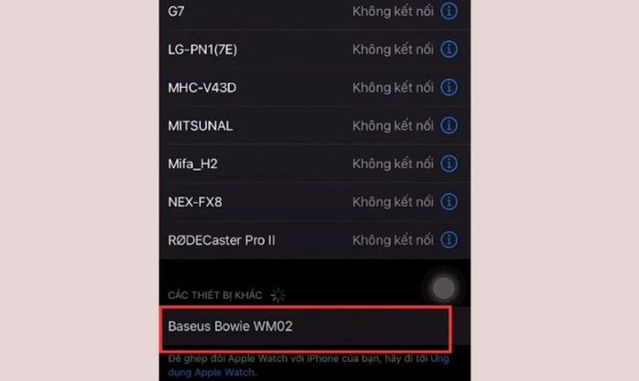 Tìm kiếm Baseus Bowie WM02 trong danh sách thiết bị Bluetooth khả dụng