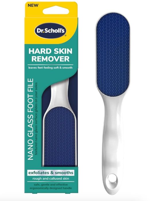 The packaging of Dr. Scholl's Hard Skin Remover showcases a blue nano glass foot file, emphasizing its ability to exfoliate and smooth rough, callused skin