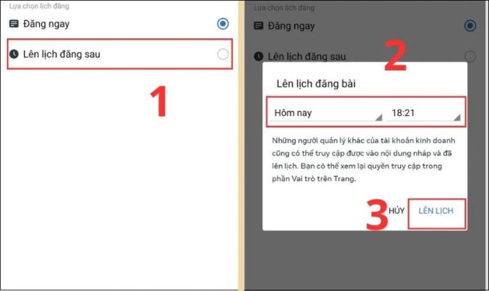 Bạn cần chọn tùy chọn Lên lịch đăng sau, xác định thời gian thích hợp và nhấn Lên lịch để hoàn tất.
