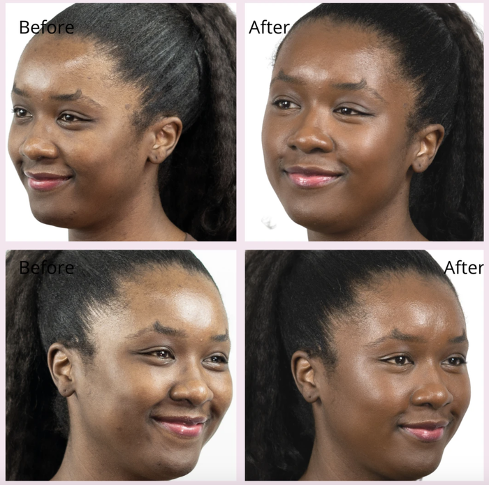 A before-and-after chart showing a Black model, highlighting the difference in her skin with and without the foundation.