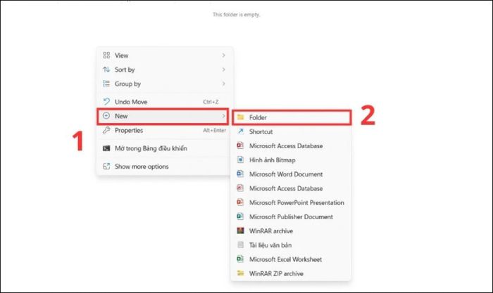 Chọn New và nhấn Folder để tạo thư mục mới trên máy tính
