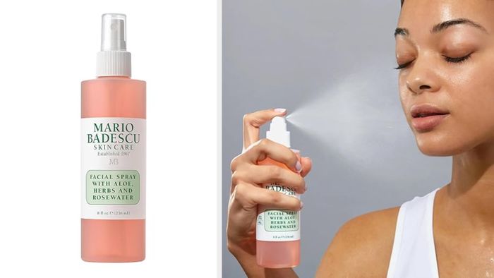 The model is spraying the mist directly onto her face.