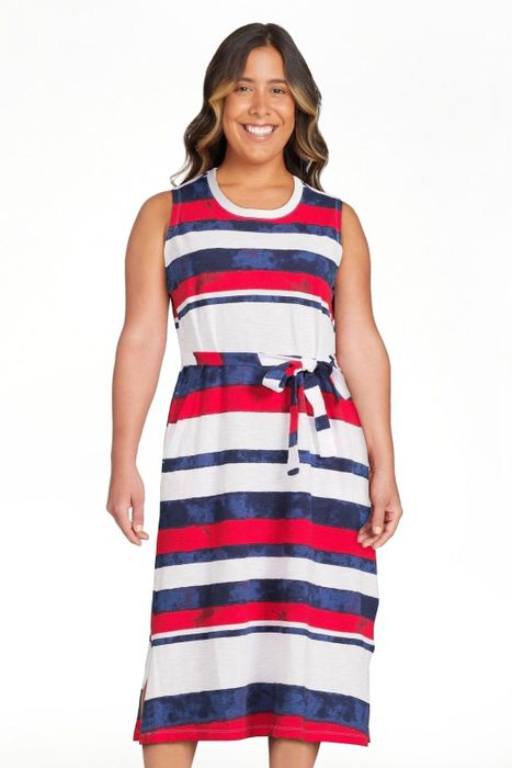 A model wearing the bold rock n red dress
