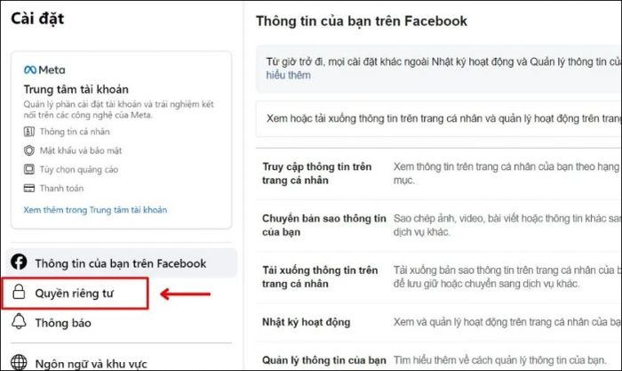 Di chuyển và chọn mục Quyền riêng tư