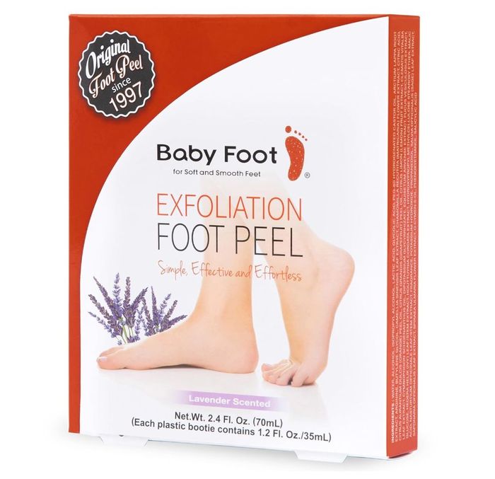 Image of the Baby Foot Exfoliation Foot Peel packaging, featuring its lavender scent and the tagline 