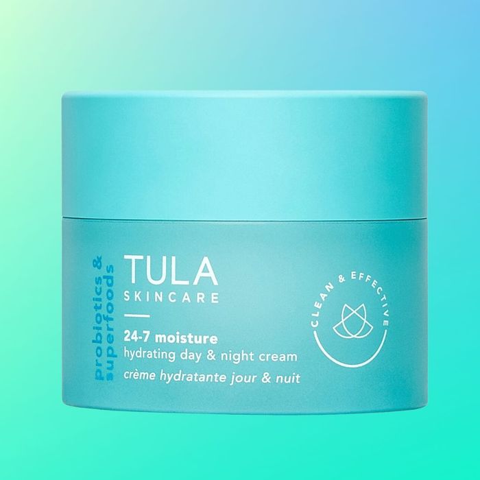A turquoise jar of TULA Skincare 24-7 Moisture Hydrating Day & Night Cream, labeled with 