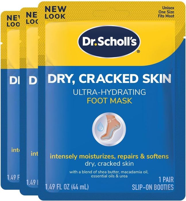 Dr. Scholl's Ultra-Hydrating Foot Mask for dry, cracked skin is a soothing treatment featuring shea butter, macadamia oil, and essential oils