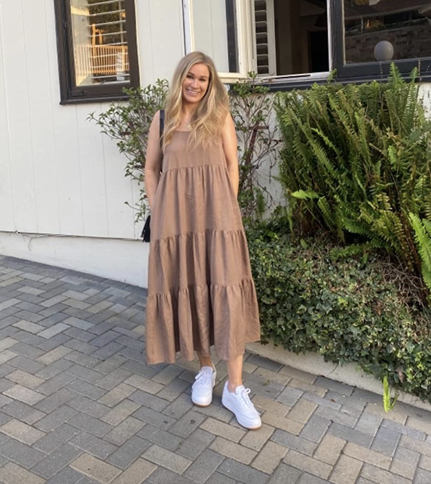reviewer modeling the dress in mushroom shade