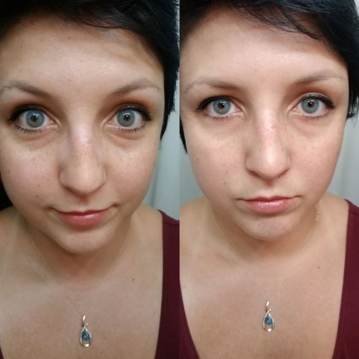 The reviewer demonstrating the results of the eye masks.