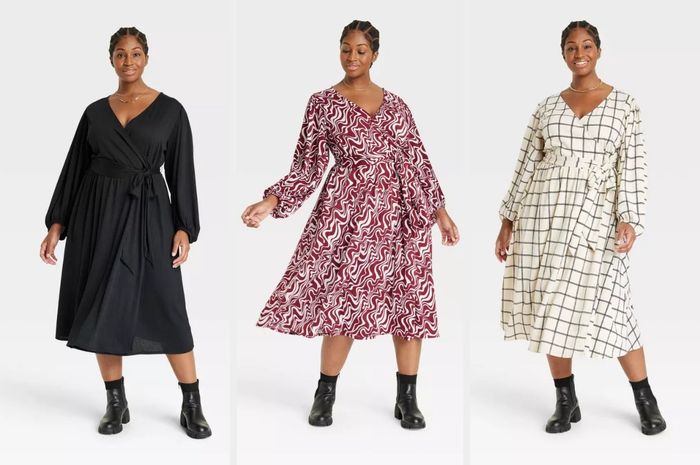 The model is showcasing a black midi dress with balloon sleeves, a V-neckline, and a tie waist, paired with black ankle booties. The same dress is also shown in a red and white swirl pattern, worn with black ankle boots, and in a black and white gingham pattern, also paired with black booties, all against a white background.
