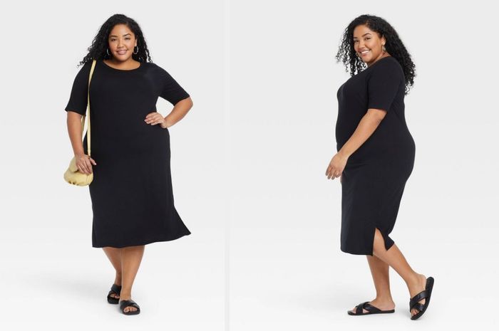 collage featuring front and side views of a model in a black elbow-sleeve dress